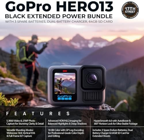GoPro HERO13 Black Camera | Waterproof 5.3K60 Video Action Camera with 3 Spare Enduro Batteries, Dual-Battery Charger, 64GB Extreme SD Card, Case, and 50-in-1 Camera Accessory Kit - Bundle Set - Image 3