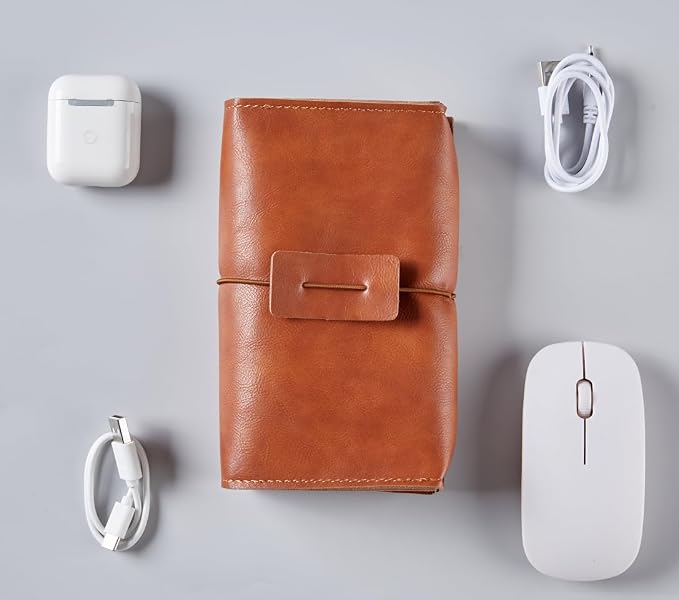 Vintage leather Electronic organizer travel case,cord keeper travel pounch, charger shortage for essentials mouse, adapter, cables,Cable Straps,Earbud case,wrap (Brown leather with band & Organizer) - Image 6
