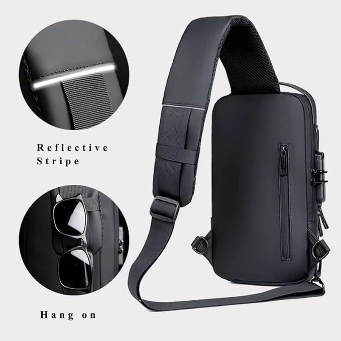 Anti-Theft Sling Bag for Men & Women | USA Flag Chest Shoulder Backpack | Waterproof Crossbody Daypack with USB Charging Port & Lock | Daily use, Travel, Working, Hiking, Cycling. (Grey or Black) - Image 8