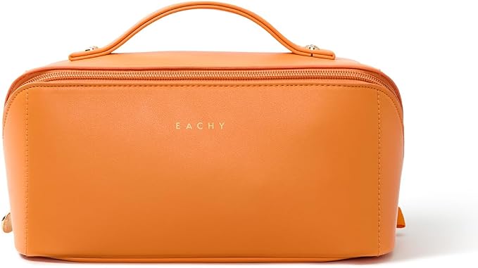 EACHY Travel Makeup Bag for Women, Flat Open Cosmetic Bag, Orange, Medium | Flat-open cosmetic organizer with pockets and clear TPU brush compartment for makeup, toiletries and travel essentials - Image 5