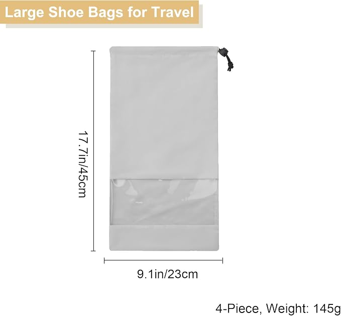 4 Pcs Single Shoe Bags for Travel, Drawstring Shoe Bags with Clear Window | 9.1"x17.7" Fits Most Shoes, Dust Resistant, Washable & Reusable, Travel Shoe Storage Bags for Men & Women - Image 3