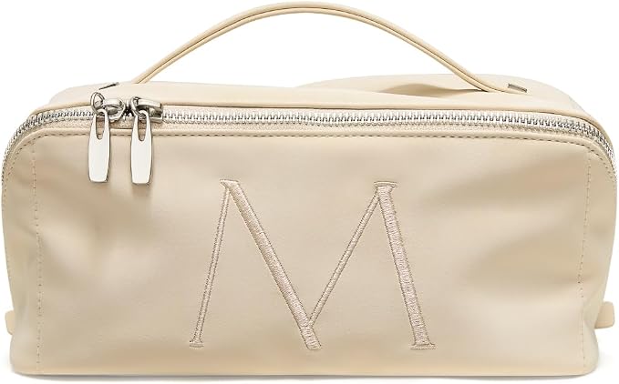 EACHY Travel Makeup Bag for Women, Personalized Initial M Cosmetic Bag | Personalized flat-open organizer with inner pockets, clear TPU brush pocket and reinforced handle for makeup and travel by EACHY