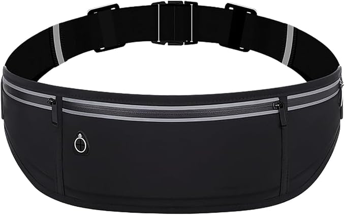 Slim Running Belt Fanny Pack for Men Women, Adjustable Running Phone Holder with 3 Pockets, Reflective Fitness Fanny Pack for Phones up to 7.2 inch, Water Resistant Sports Waist Bag, Black by MINOCHI