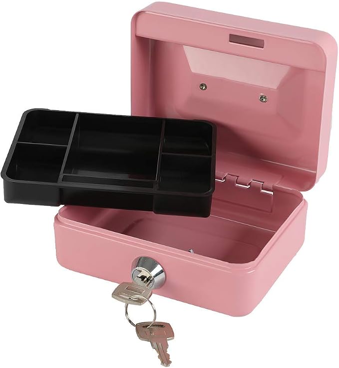 xydled Locking Steel Mini Cash Box with Removable Coin Tray and Key Lock for Kids, 4.92" x 3.74" x 2.36",Pink | Steel Cash Box with Key Lock, Removable Tray & Carry Handle, for Office, Retail, Home, and Money Storage, 4.9" x 3.7" x 2.4" - Image 5