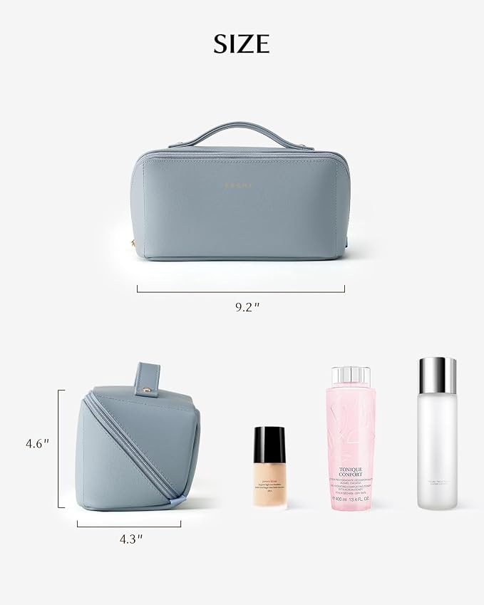 EACHY Travel Makeup Bag for Women, Flat Open Cosmetic Bag, Blue, Medium | PU leather organizer with flat-open access, storage pockets and clear TPU brush compartment for daily makeup and toiletries - Image 4