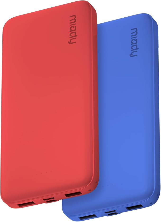 Miady 2-Pack Portable Charger, Slim 10000mAh Power Bank Travel Battery Pack | Dual USB丨3 Outputs 2 Inputs丨for Backpack Travel Camping丨Slim丨Compatible with iPhone Android etc丨Flight-Safe丨37Wh丨Red+Blue by Miady