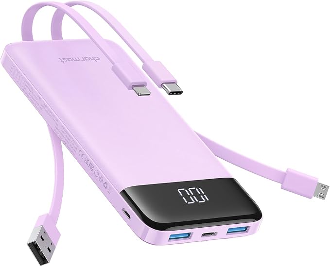 charmast Portable Charger Built-in Cables, 10000mAh Slim Power Bank Pocket | 22.5W Fast Charging Battery Pack for iPhone 17/16/15 Samsung Android, Flight-Approved, Multi-Device, USB-C, Daily Commute by charmast