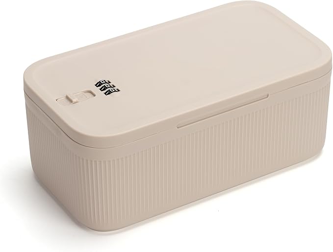 Locking Medicine Box with Code, Small Lockable Storage Box for Medications, Snacks, Phone & Food, Ideal for Home, Office, Fridge, Dorm, School, Travel, Gift (Beige) by GLOQESEN