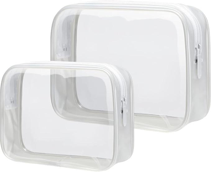 Clear Makeup Bag Travel - TSA Approved Toiletry Bag, 2 Matte White | 1 Medium Quart Carry-On & 1 Large Checked-Luggage, Reinforced Seams, Water-resistant, Clear Easy-Check for Airport, Women by Packism