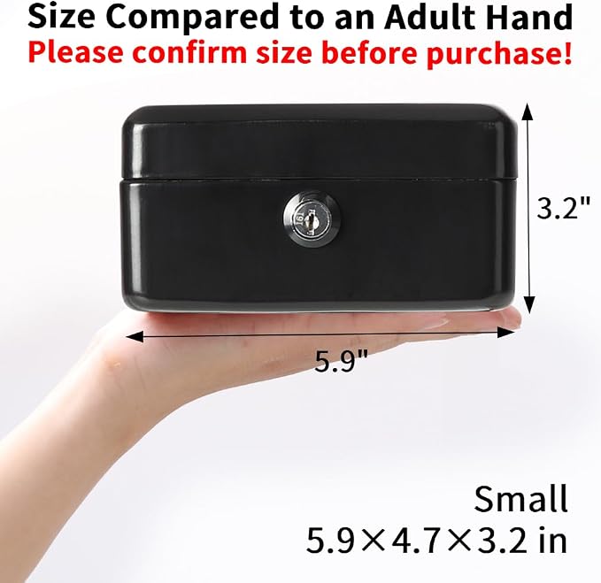 Decaller Small Cash Box with Key Lock, Double Layer Metal Money Box for Home Security, Portable Locking Box, 5.9" x 4.7" x 3.2", Black - Image 5