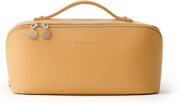 EACHY Travel Makeup Bag for Women, Flat Open Cosmetic Bag, Yellow, Large | PU leather organizer with flat-open access, storage pockets and clear TPU brush compartment for daily makeup and toiletries - Image 5