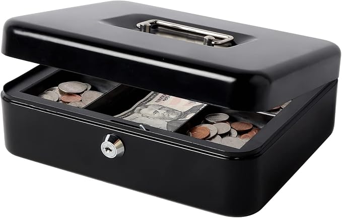 Decaller Large Cash Box with Money Tray, Metal Money Box with Key Lock for Home or Business, 9.83" x 7.82" x 3.41", Black by Decaller
