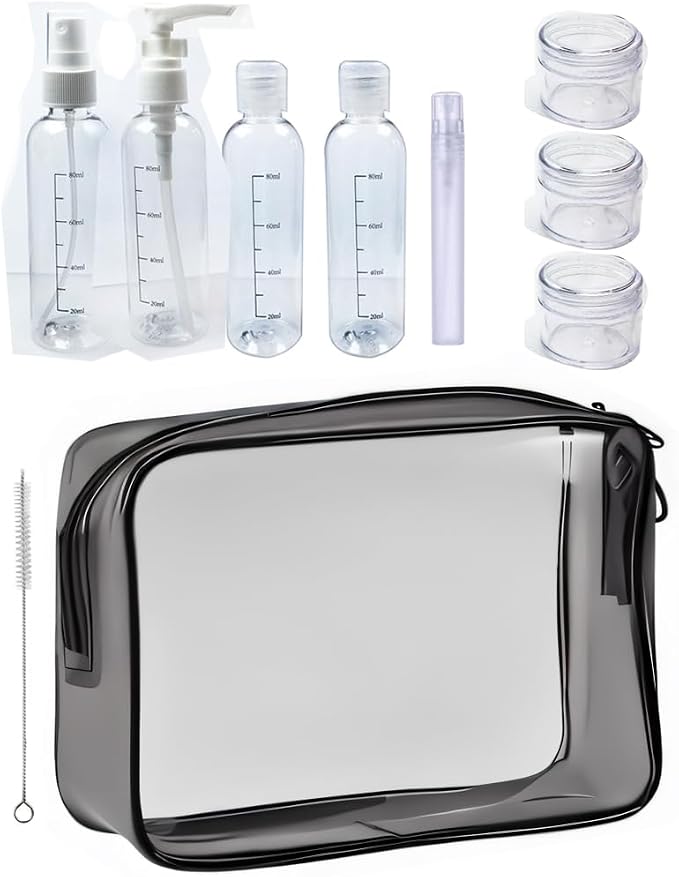 Clear Travel Toiletry Bag TSA Approved Toiletry Cosmetic Bags Men Women & Travel Bottles set for Toiletries TSA Approved Travel Bottle 3.4 oz Leak Proof Refillable & Travel Containers for Toiletries by Constefire