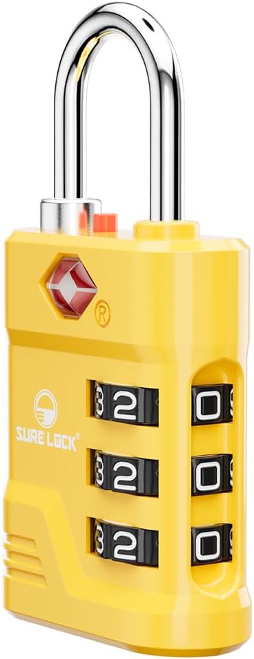 SURE LOCK TSA Approved Luggage Lock – 3-Digit Resettable Combination Padlock with Open Alert Red Dot, Large Easy-Read Dials for Suitcases, Backpacks, Gym & School Lockers(Yellow 1 pk) by Hopeyoucanstaysafe