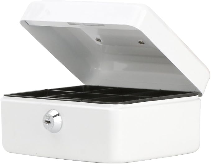Decaller Small Cash Box with Key Lock, Double Layer Metal Money Box for Home Security, Portable Locking Box, 5.9" x 4.7" x 3.2", White by Decaller