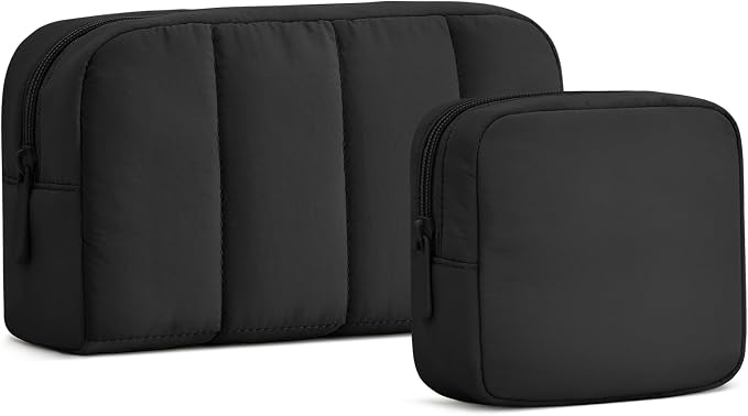 2 Pcs Makeup Bag Travel Toiletry Bag for Women Puffy Padded Cosmetic Pouch Purse Wide-open Makeup Organizer Case Travel Essentials by oscaurt