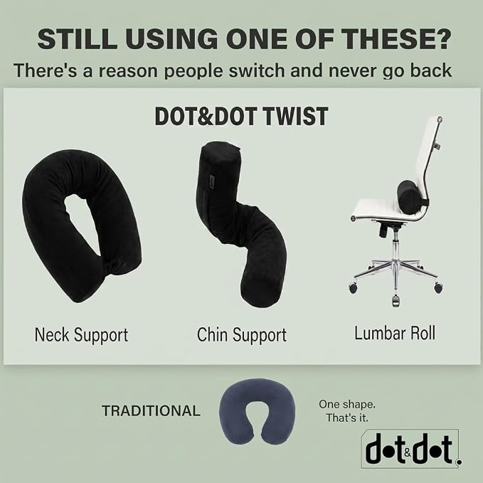 Dot&Dot Twist Memory Foam Travel Pillow, Bendable Neck Pillow for Airplane, Car and Home, 26-Inch Adjustable Roll with Washable Cotton Cover, Black - Image 9