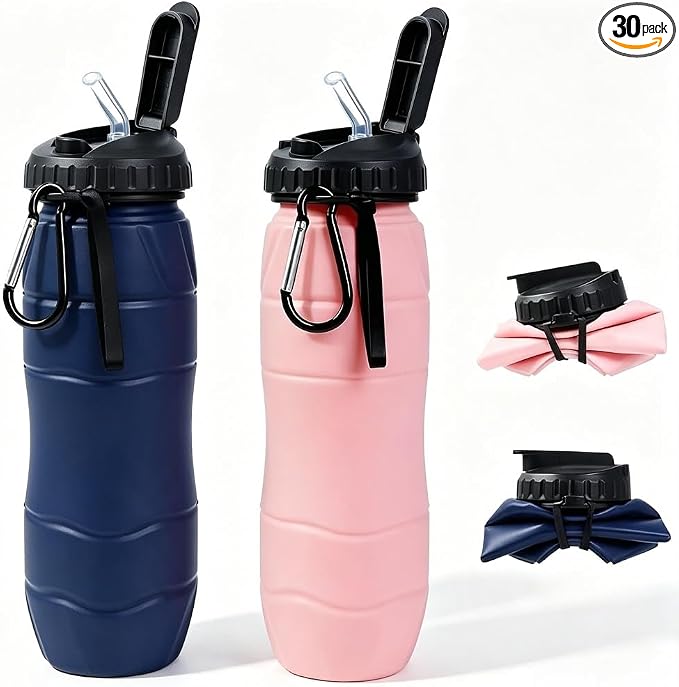 Collapsible Water Bottles 22oz with Straw 2Pack Travel (Blue+Pink) | 650ml Silicone,Foldable Portable,Leakproof,Ultra-light，BPA Free,for Traveling Camping Hiking Cycling Sports Outdoor by LIZADIN