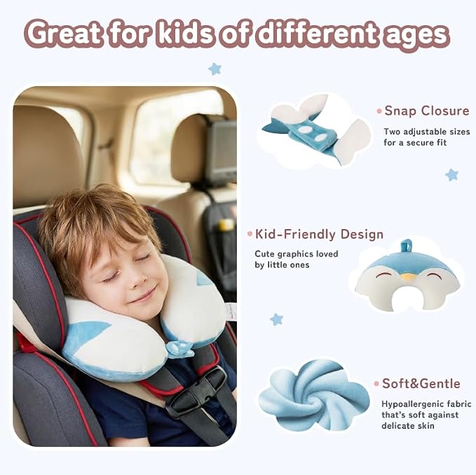 Kids Travel Neck Pillow for Ages 3-8, Memory Foam, Removable Cover, Penguin | Machine washable, 13 in neck size, hidden zipper, 360-degree head and chin support, car seat and airplane use - Image 5