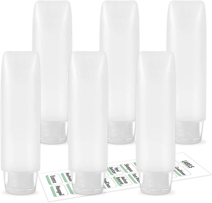 6 Pcs 1 oz Travel Size Toiletries Refillable Travel Bottles, Squeeze Travel Toiletry Bottles with Labels for Toiletry Makeup Travel Containers by Guokoo