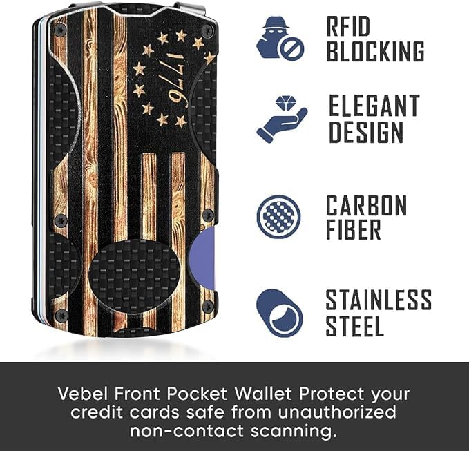 Wood Grain 1776 Flag Minimalist Wallet for Men | Slim RFID Aluminum Metal Wallet, Scratch Resistant & Seamless, Credit Card Holder & Money Clip, Holds up 12 Cards and Cash - Image 2