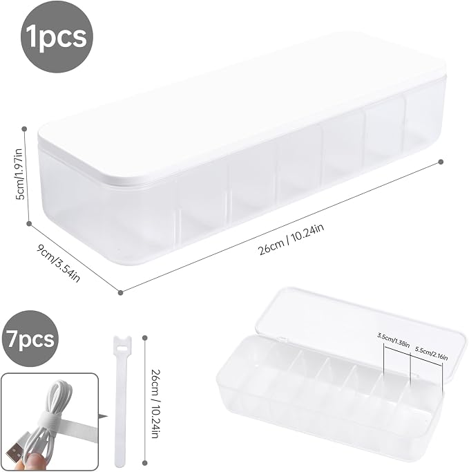 PAVSTINE Cable Organizer Storage Box with Lid, 7 Wire Ties, White | Adjustable Dividers, Holds Power Cords & Charger, Dust-Proof, Desktop Accessories & Stationery Supplies for Home & Office - Image 7