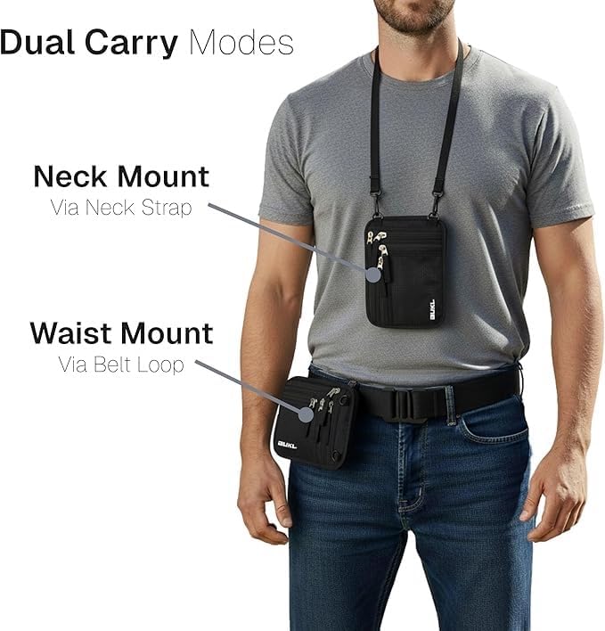Navigator Travel Neck Wallet; RFID Blocking Pouch and Passport Holder for Travel with Neck and Waist Carry Modes; Travel Document Holder for Passports, Cards, Cash and Mid-Size Phones (Black) - Image 3
