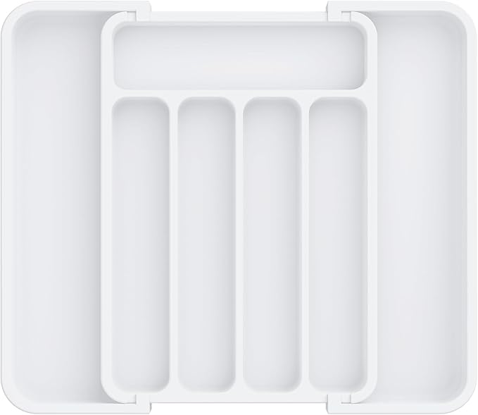 Aujen Silverware Drawer Organizer, Adjustable Utensil Cutlery Tray | Expandable Kitchen Organizer for Forks Knives, Multipurpose Kitchen Storage , Apartment Essentials, White, Medium by AUJEN