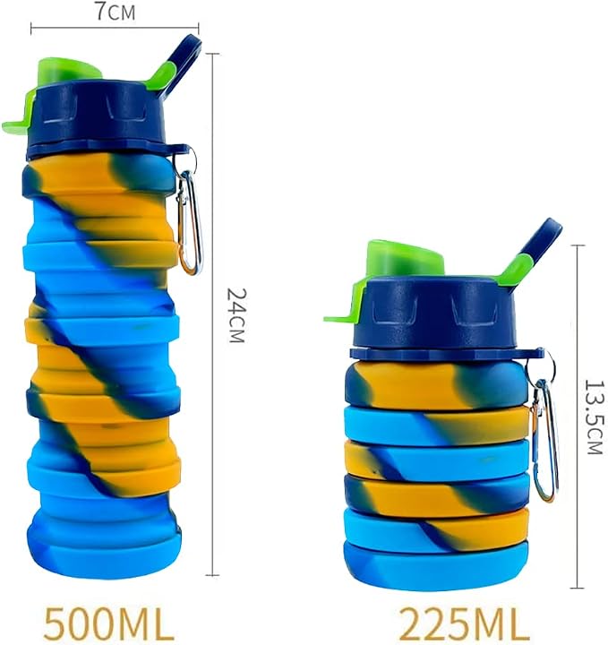 Collapsible Water Bottles 2 Pack 500ml (Yellow Camo+Rose Red) | Portable Expandable Sport Bottle with Carabiner for Travel & Camping - Image 2