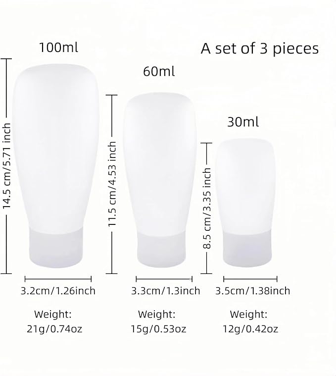 Chinshwehaw Portable Travel Bottles Set, Silicone Squeeze Containers, White, 3-Pack (30ml, 60ml, 100ml), Leakproof, Wide Mouth Design, BPA-Free, TSA Approved for Toiletries, Shampoo, Lotion (White) - Image 3