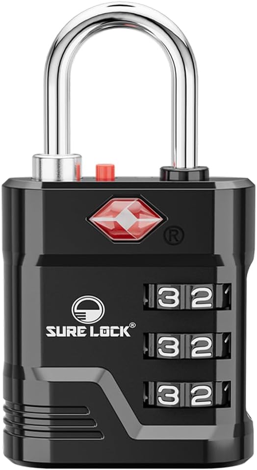 SURE LOCK TSA Approved Luggage Lock – 3-Digit Resettable Combination Padlock with Open Alert Red Dot, Large Easy-Read Dials for Suitcases, Backpacks, Gym & School Lockers by Hopeyoucanstaysafe