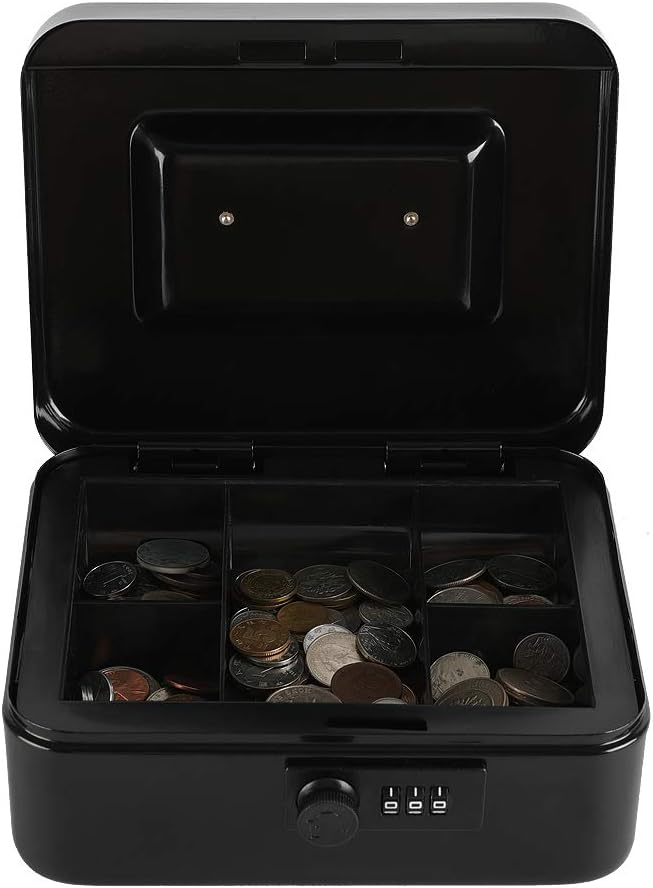 xydled Steel Cash Box Safe with Combination Lock,Money Safe Box with Removable Coin Tray,Medium,7.87"x 6.30"x 3.54",Black - Image 6