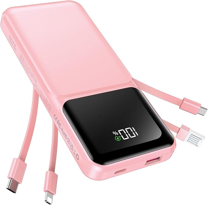 Portable Charger with Built in Cable 20000mAh Fast Charging | Power Bank USB C Slim 22.5W LED Display Battery Pack 5 Outputs & 3 Inputs for Travel Essentials iPhone Samsung Phones Pink by RONEGN