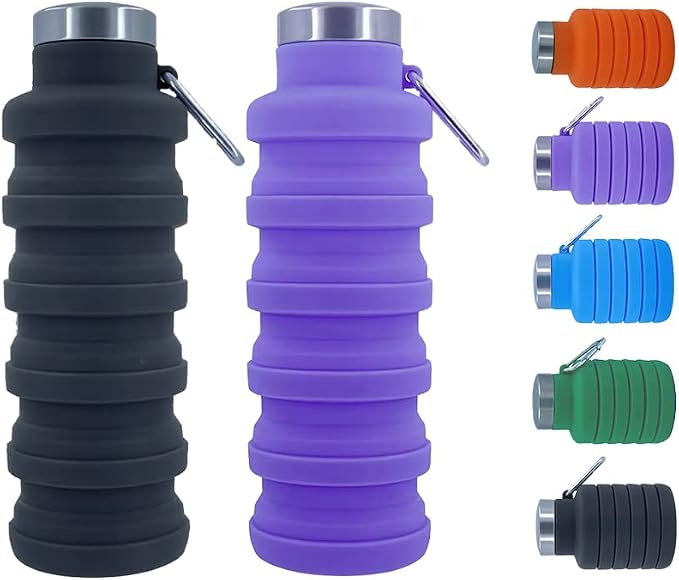 Collapsible Water Bottles 2 pack 17oz (Black+Purple) | BPA Free Travel Silicone Water Bottle with Carabiner, Reusable Foldable Portable Sports Bottle for Travel Camping Hiking by Ummigi