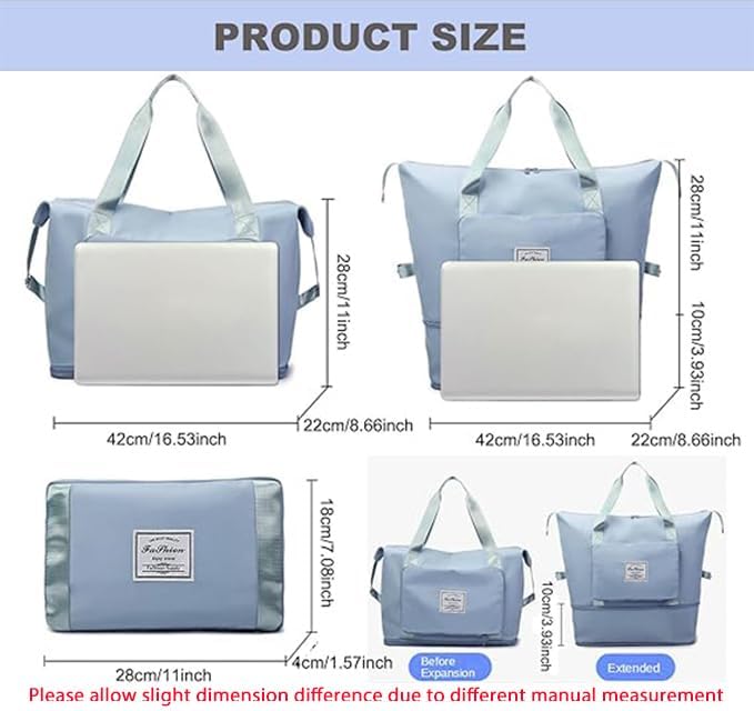 Large Capacity Folding Travel Bag, Lightweight Waterproof Luggage Bag, Expandable Travel Duffel Bag, Dry Wet Separated Gym Tote Bag, Weekender Overnight Bags for Women and Man (Blue) - Image 3