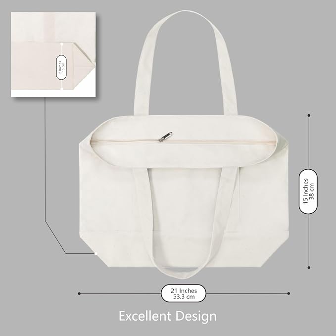TOPDesign 30-Pack Canvas Tote Bags with an External Pocket, Reusable Grocery Shopping Bags, Top Zipper Closure, Daily Essentials (Natural) - Image 5