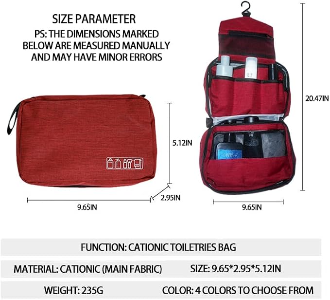 Travel toilet bag is used to store toiletries, Suitable for short-term travel use hanging toilet bag (Burgundy) - Image 5