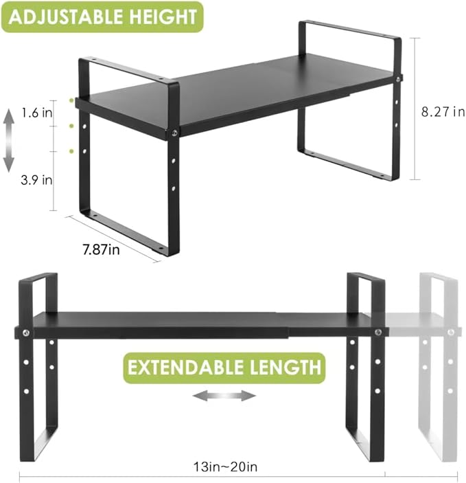 Across-Star Expandable Cabinet Shelf Organizer Rack, Stackable Kitchen Counter Storage Shelves Stand, Adjustable Height Pantry Shelf Spice Rack (Black, 1 Pack) - Image 3