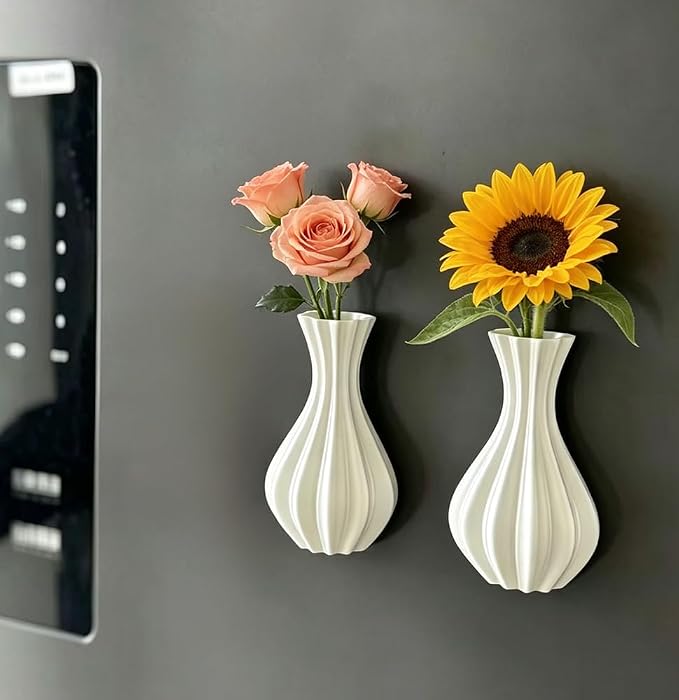 Elegant Vase Magnets for Fridge, Minimalist Flower Arrangement Holders, Nordic Style Hydroponic Vases, Magnetic Refrigerator Decor for Kitchen Bedroom Storage Office, 2 Pieces, White by CHENSHUO