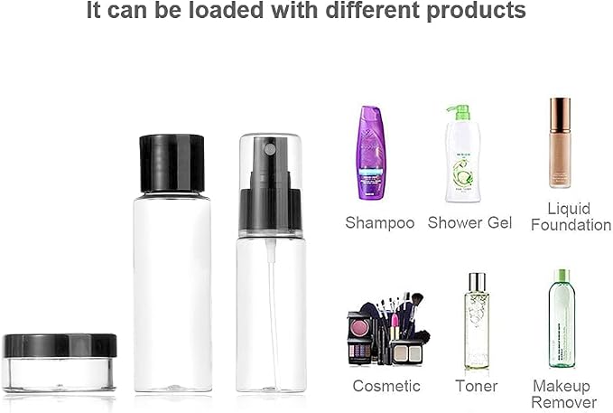 Vitog Travel Bottles Kit, TSA Approved Leak Proof Portable Toiletry Containers Set, Clear flight size PET Cosmetic Containers for Lotion, Shampoo, Cream, Soap, Set of 11 (Black+Plastic) - Image 2