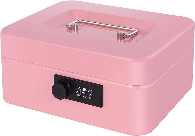 Goehiaul Cash Box with Combination Lock and Money Tray Metal Money Box for Cash Small Cash Box for Money Safe 7.87"x6.3"x3.54" Pink by Geohiaul