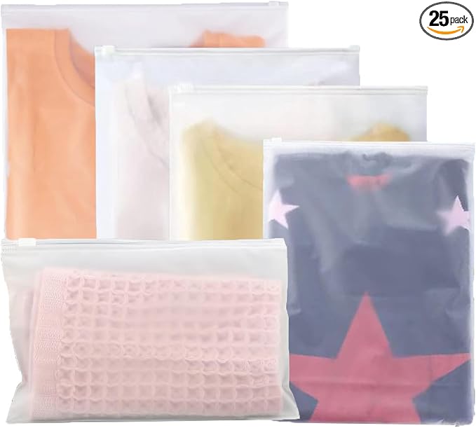 25 Pcs Plastic Travel Storage Bags,Reusable Ziplock Bags,Plastic Hospital Bag,Frosted Nonporous Waterproof Ziplock Bags for Clothes,Maternity,Shoes, Cosmetics,5 Sizes by DITK-U