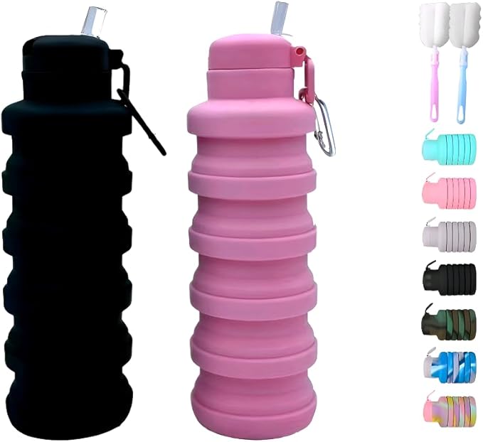 Collapsible water bottles 2 Pack with brush 500ml (Black+Pink) | BPA Free Travel Silicone Water Bottle with Carabiner,Reusable Foldable Portable Sports bottles for Gym Camping Hiking by LIZADIN