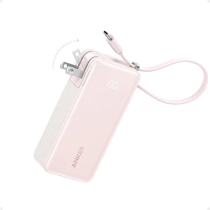 Anker Nano 3-in-1 Portable Charger,10,000mAh 30W Travel Power Bank | Battery Pack with Built-In USB-C Cable and Foldable Wall Plug, for iPhone 17 / 16 / 15 Series (Pink) by Unknown