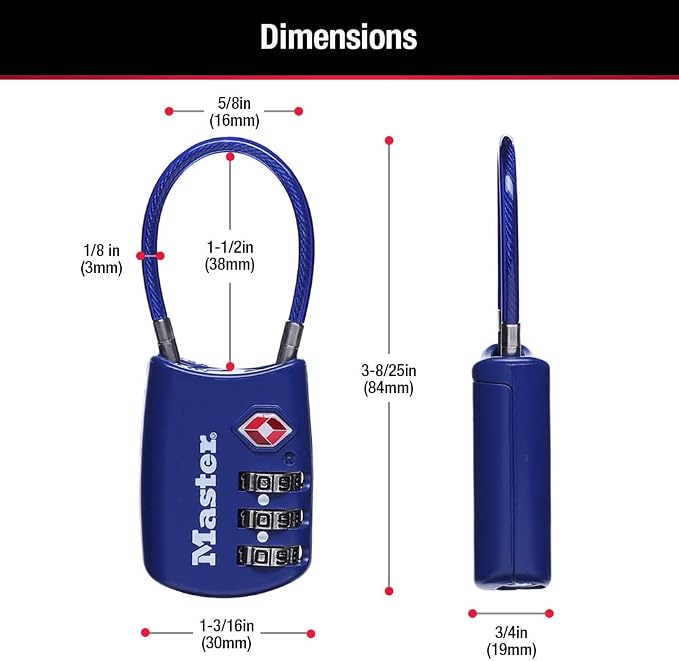 Master Lock TSA Approved Combination Luggage Lock, Assorted, 4-Pack 4688EC4 | TSA Accepted Set Your Own Combination Luggage Cable Lock For Suitcases, Backpacks, Travel and Airport Security, 3-digit Lock - Image 6