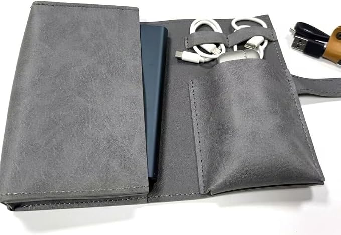 Vintage Tech leather Electronic organizer travel case,cord organizer travel, Leather charger shortage for essentials mouse, adapter, cables (dark grey) - Image 3