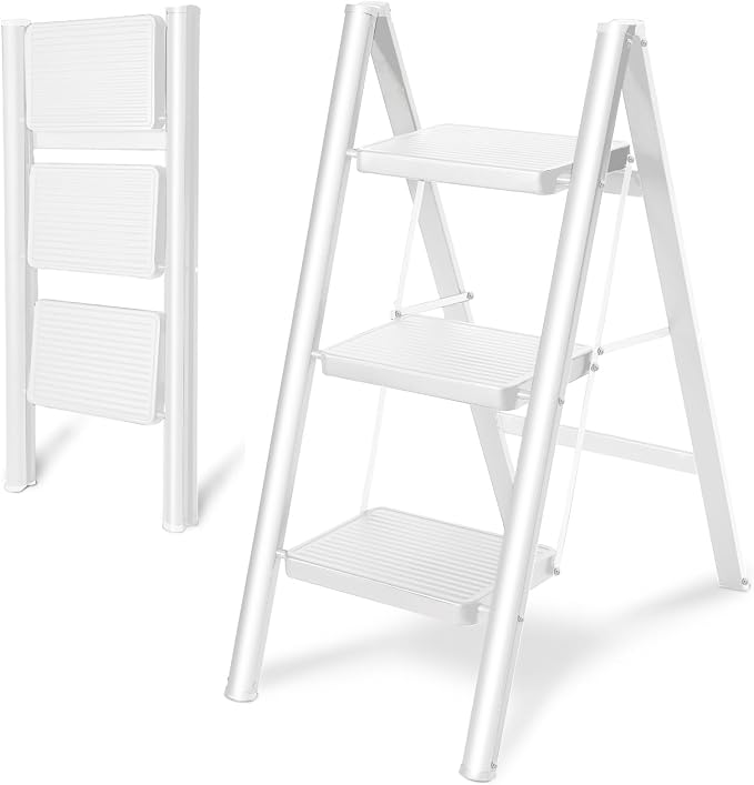 Double Elite Step Ladder 3 Step Folding, Sturdy 330 Lbs Load Step Stool for Adults, Safer Full Steel Kitchen Closet Ladder for Home, Multi-use Small Step Stool Ladder with Anti-Slip Wide Pedals, White by DoubleElite