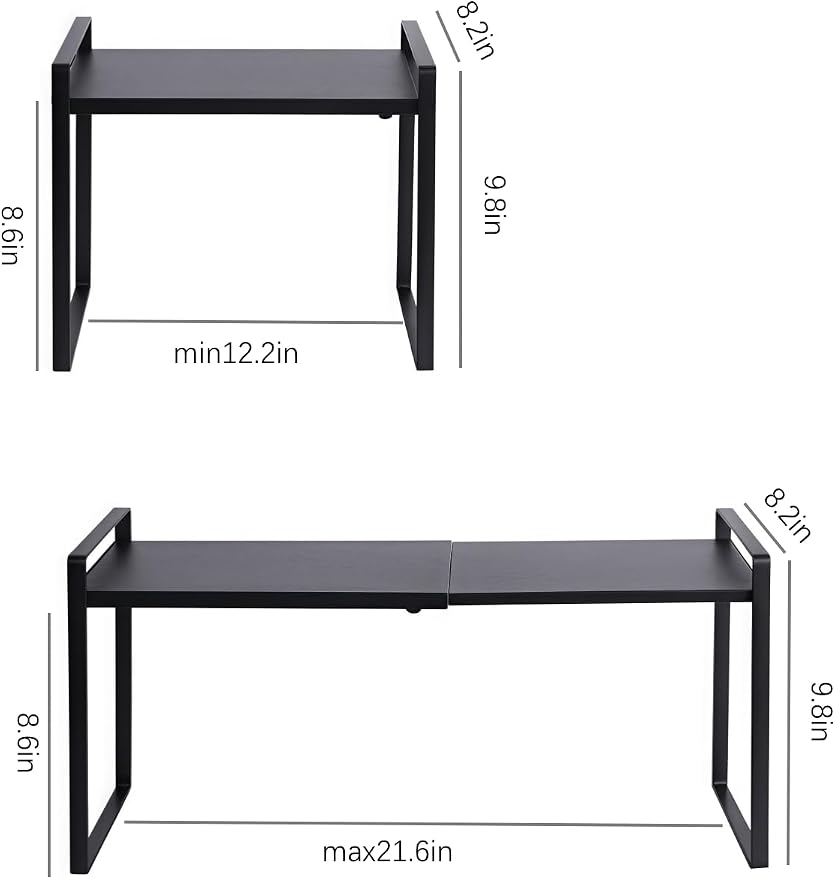 2 Pack Expandable Cabinet Shelf Organizer Riser for Kitchen Pantry Cupboard Under Sink Countertop (2 pack 8.2’’D * 12.2-21.6’’W * 10.4’’H) (Black) - Image 2