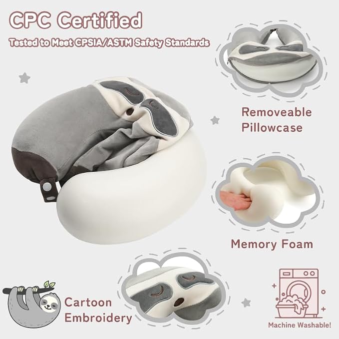 Kids Travel Neck Pillow for Ages 3-8, Memory Foam, Removable Cover, Sloth | Machine washable, 13 in neck size, hidden zipper, 360-degree head and chin support, car seat and airplane use - Image 3