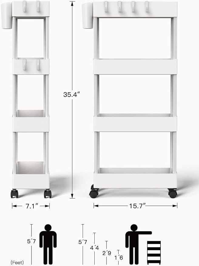 Pipishell 4 Tier Slim Storage Cart with Wheels, Laundry Cart, White | 7.1 inch Wide - Fits Narrow Spaces, Storage Cup and 6 Hooks, Ventilation Holes, Durable ABS Material, Detachable Wheels - Image 8